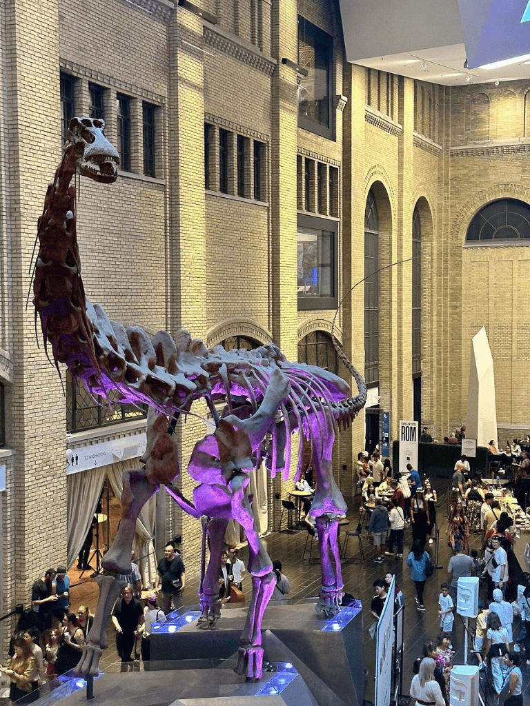 Giant dinosaur skeleton exhibit inside museum, popular science and educational attraction, QuestForDirections.