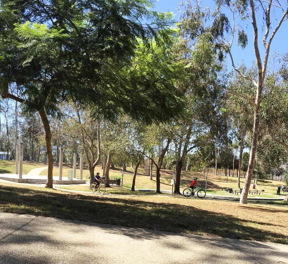 Lush park with cyclists riding among mature trees and green open space, ideal for outdoor recreation and family activities.