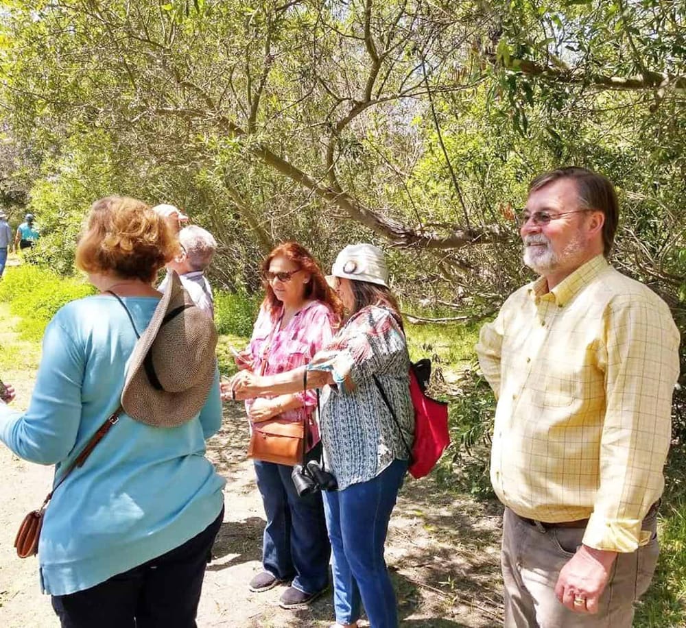 Enjoying group nature walk on a sunny day with lush green trees at QuestForDirections outdoor adventure.