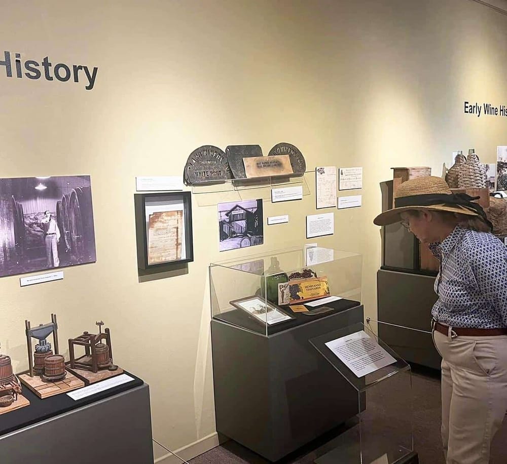 Ancient wine history exhibit at a museum, showcasing historical artifacts and early wine production tools.