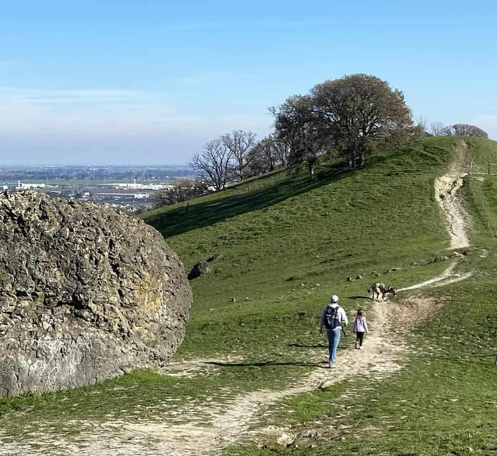 Tranquil park scenic trail with hikers and horses, lush green landscape, and historic ruins, perfect for outdoor exploration and nature walks.