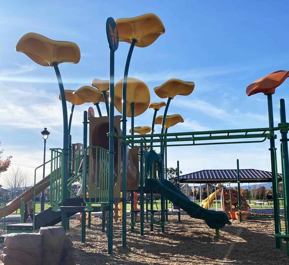 Colorful mushroom-shaped playground equipment for children's outdoor recreation.