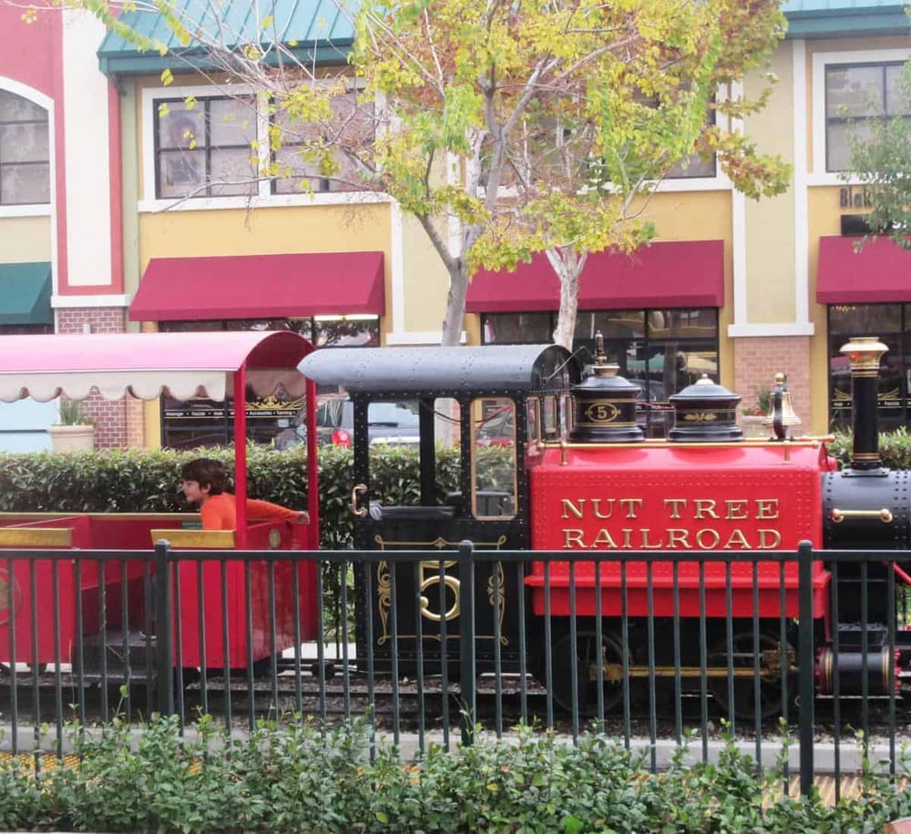 Vintage Nut Tree Railroad train for kids at shopping and dining district.