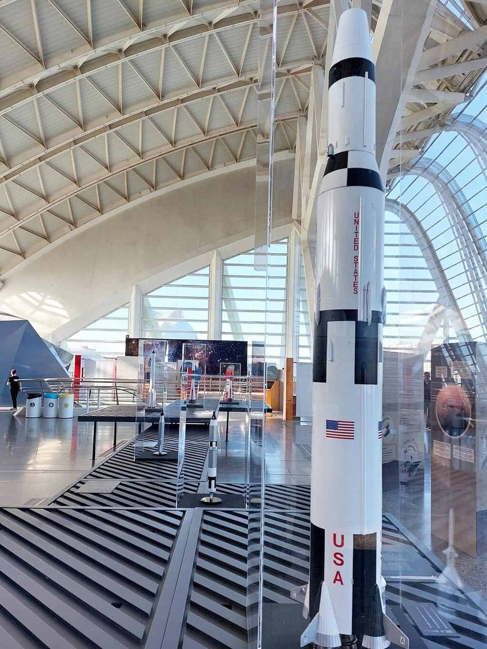 Detailed space-themed rocket model at QuestForDirections museum, showcasing space exploration exhibits, aviation history, and NASA spacecraft models.