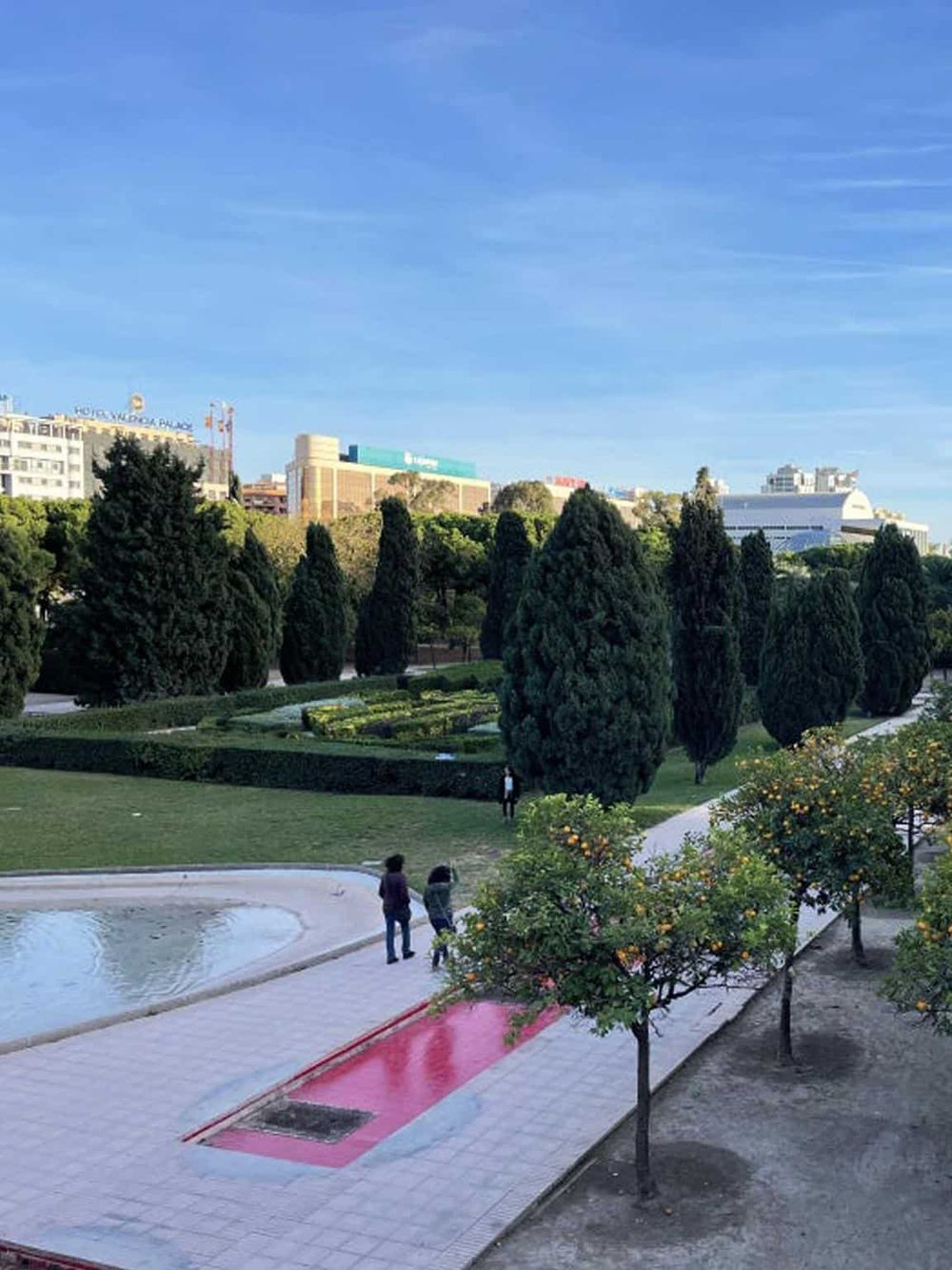 Lush city park with tall cypress trees, walking paths, and a water feature, ideal for outdoor relaxation and exploration.