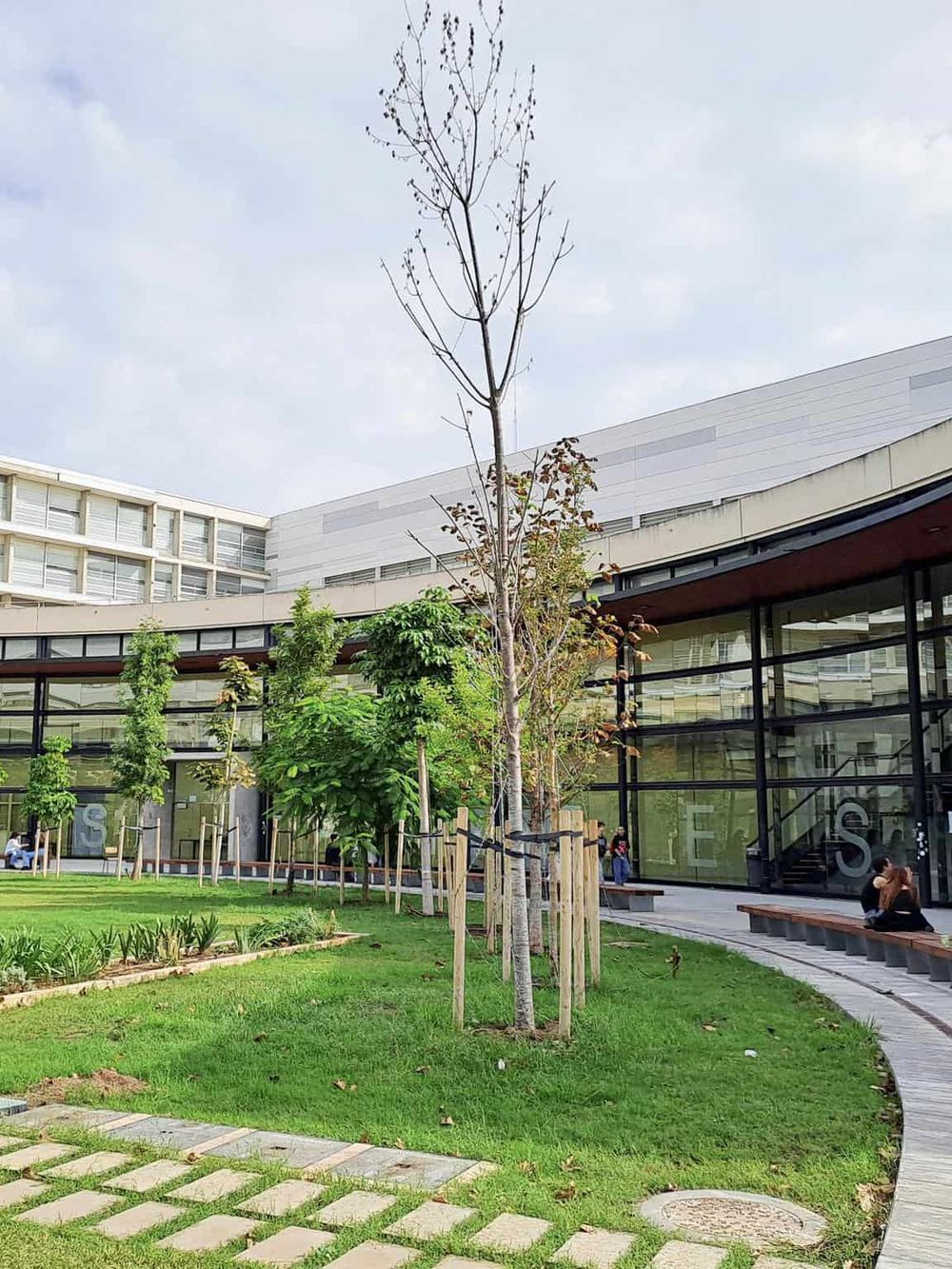 Modern building with glass facade, surrounded by green trees and walking path, in a vibrant urban park setting.