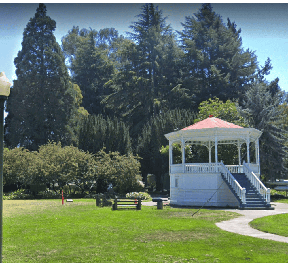 Intricate white gazebo with red roof in lush green park setting, surrounded by tall trees.