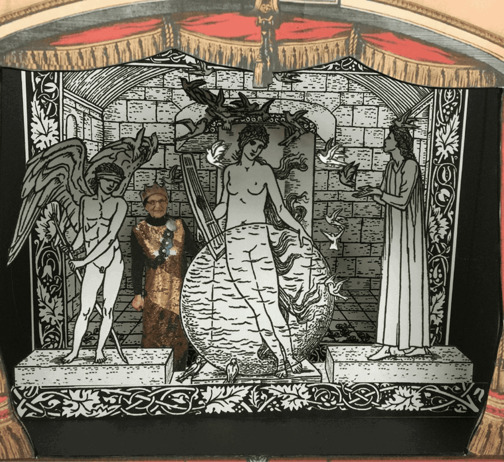 A woman standing in front of a black-and-white artistic depiction of a classical mythological scene.