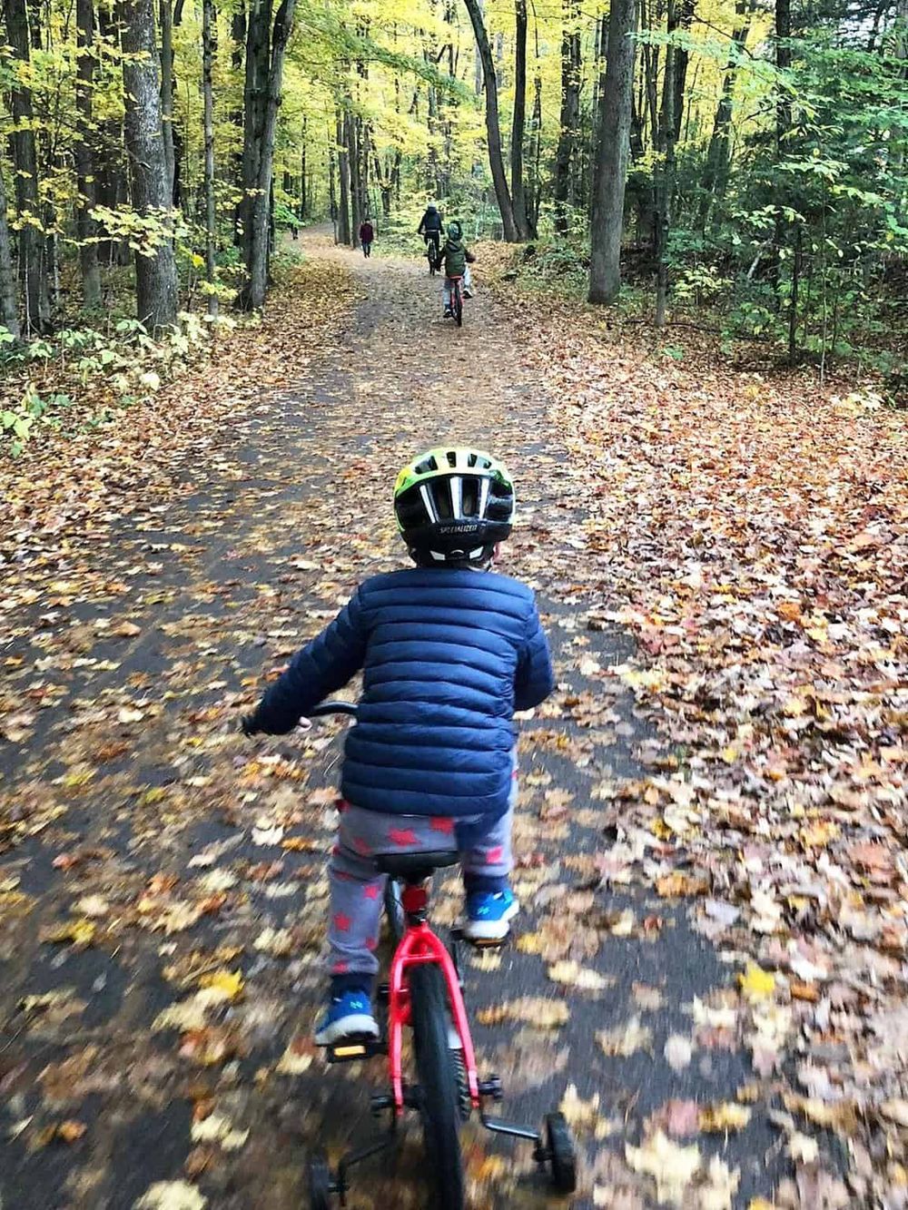 Child riding a bike on autumn trail surrounded by colorful fall leaves.