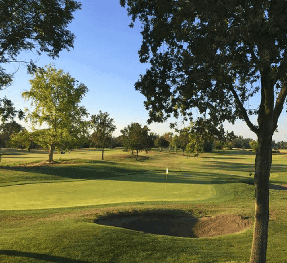 Serene golf course landscape with lush green grass, trees, and clear blue sky, perfect for outdoor recreation and relaxation.