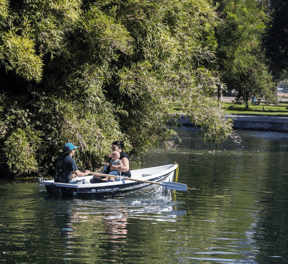 Serene outdoor boat ride with family in a lush park riverside setting.