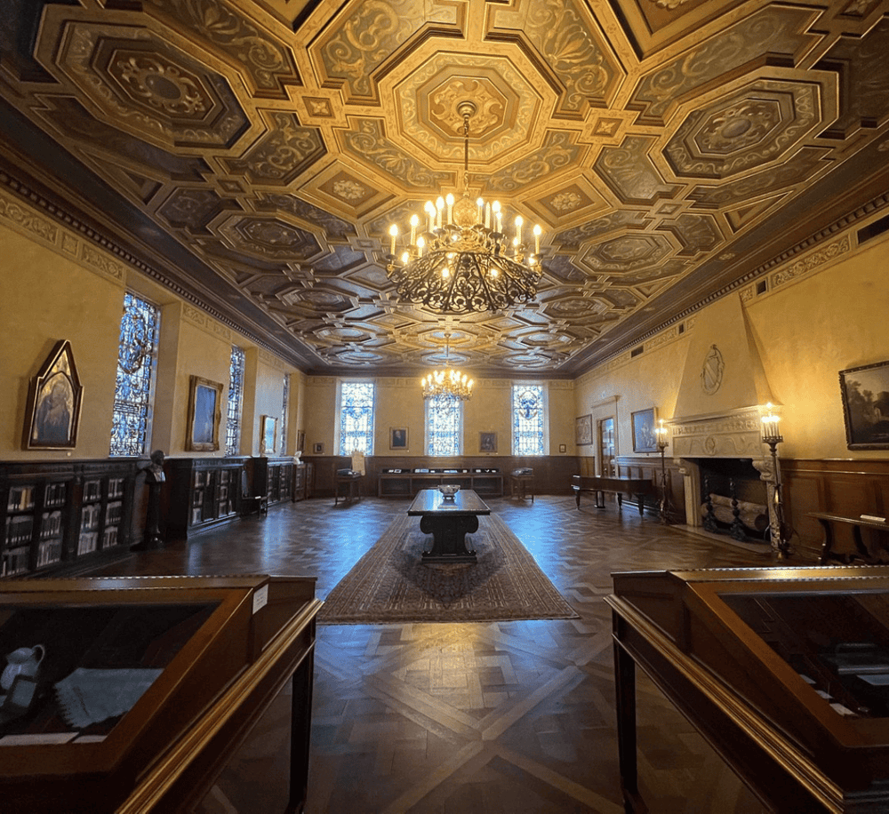 Elegant historic library with ornate ceiling and chandeliers, perfect for research and learning.