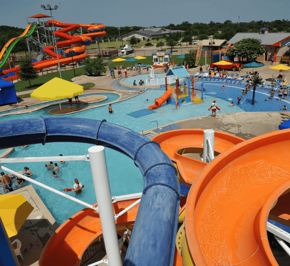 Water park with multiple slides, lazy river, and family-friendly amenities.