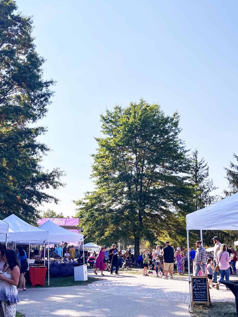 Vibrant community market with outdoor tents, local vendors, and visitors enjoying a sunny day in a park setting.
