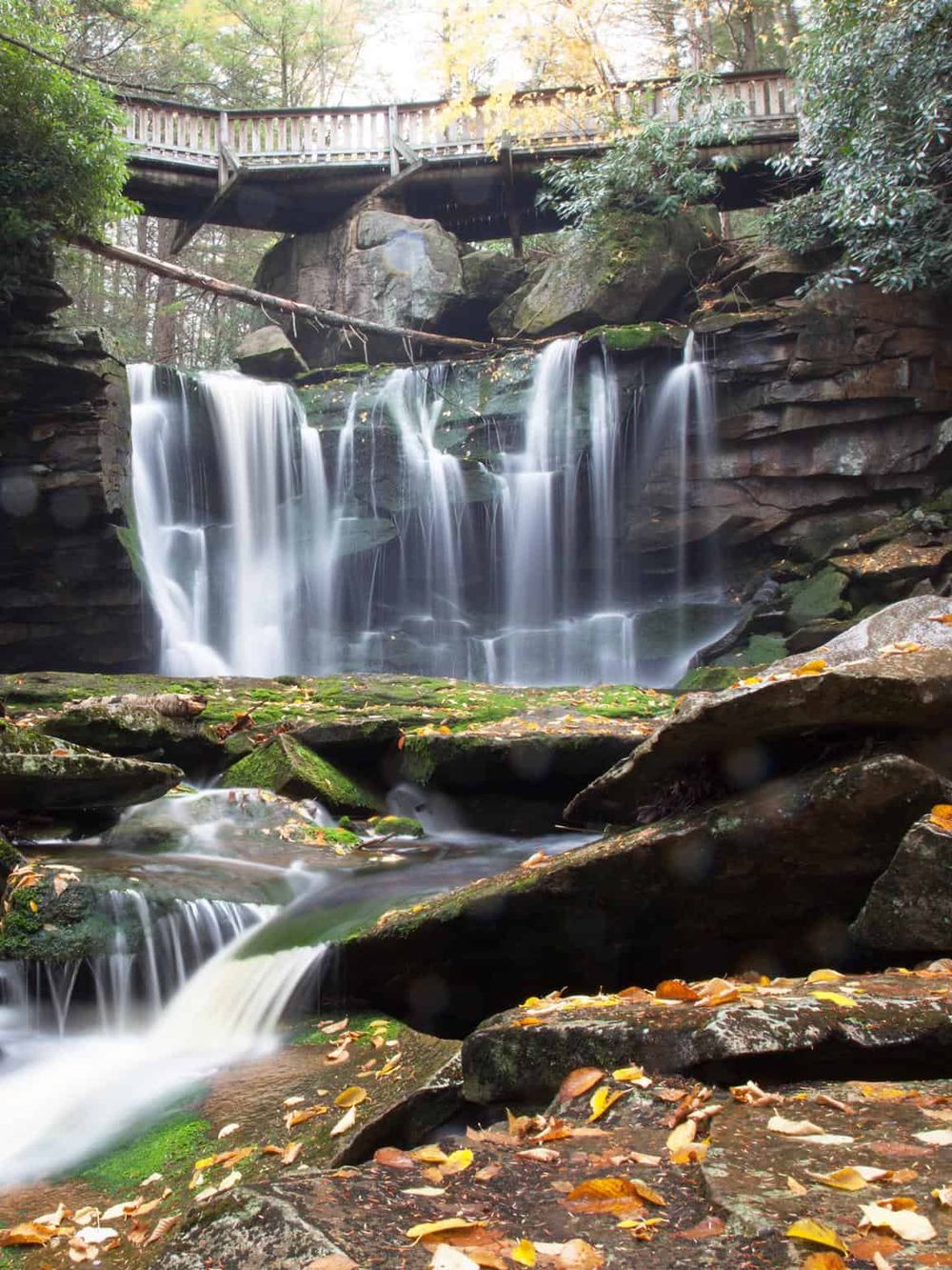Waterfall in the woods with a wooden bridge on top, surrounded by rocks and autumn leaves.