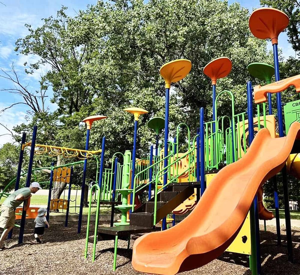 Colorful playground equipment at a local park, perfect for children's outdoor fun and recreation.