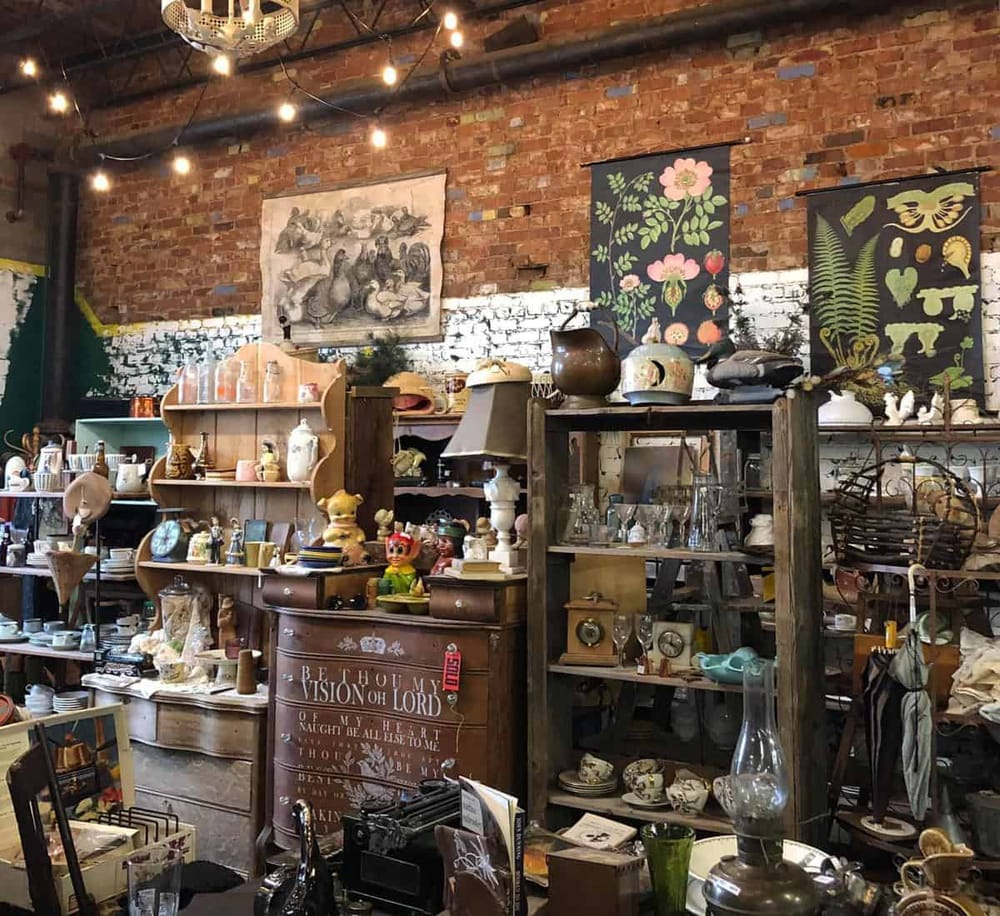 Vintage thrift store with eclectic collection of antiques and home decor items.