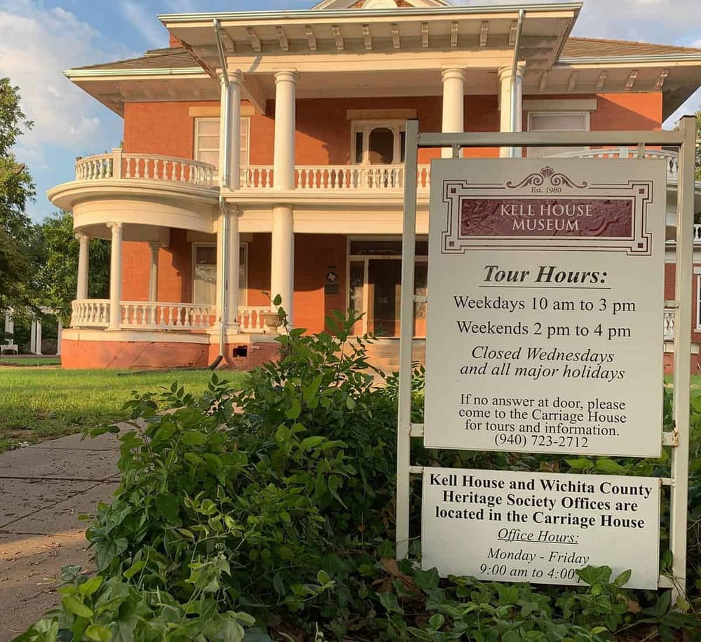 Historic house at Kell House Museum in Wichita County, Texas with tour hours and office info.