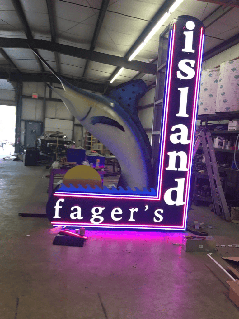 Marlin-themed neon sign for island Fager's, perfect for ocean-themed decor and signage.