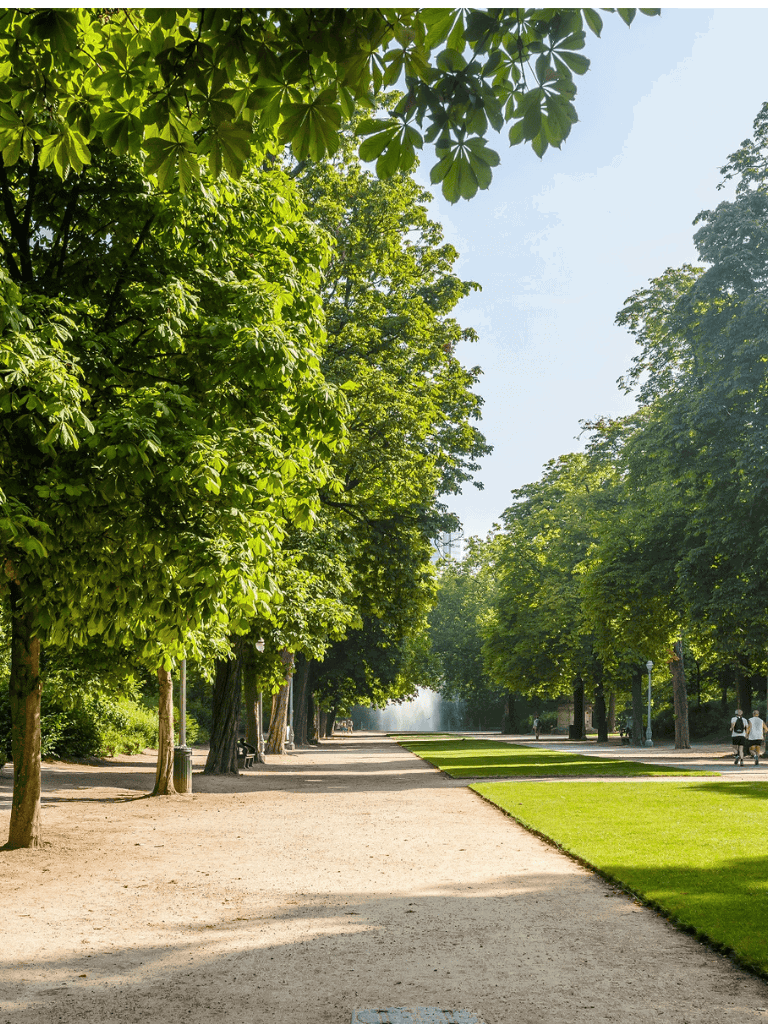 Lush green park with walking paths and shaded trees for outdoor exploration and relaxation.