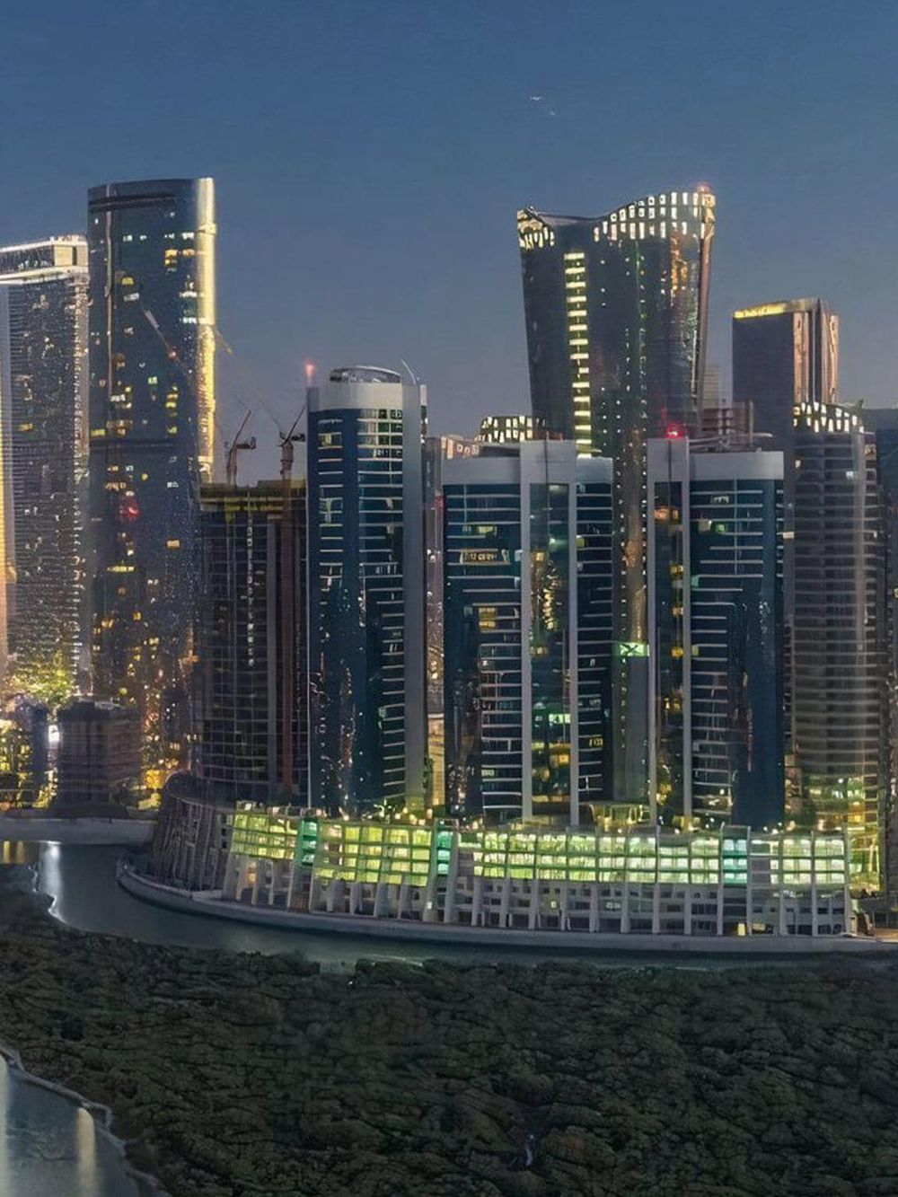 Modern city skyline with high-rise buildings at dusk, highlighting urban architecture and cityscape scenes.