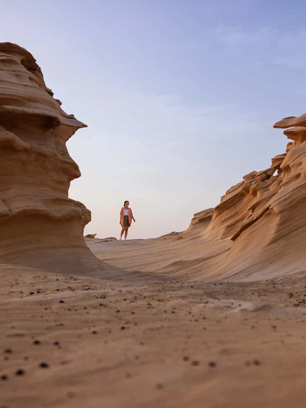 Vast desert landscape with unique sandstone formations and a woman standing in the distance at dusk.