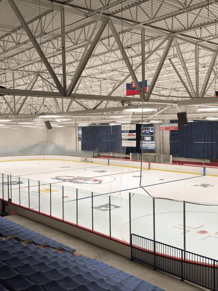 Indoor ice hockey rink with flags and seating area visible.