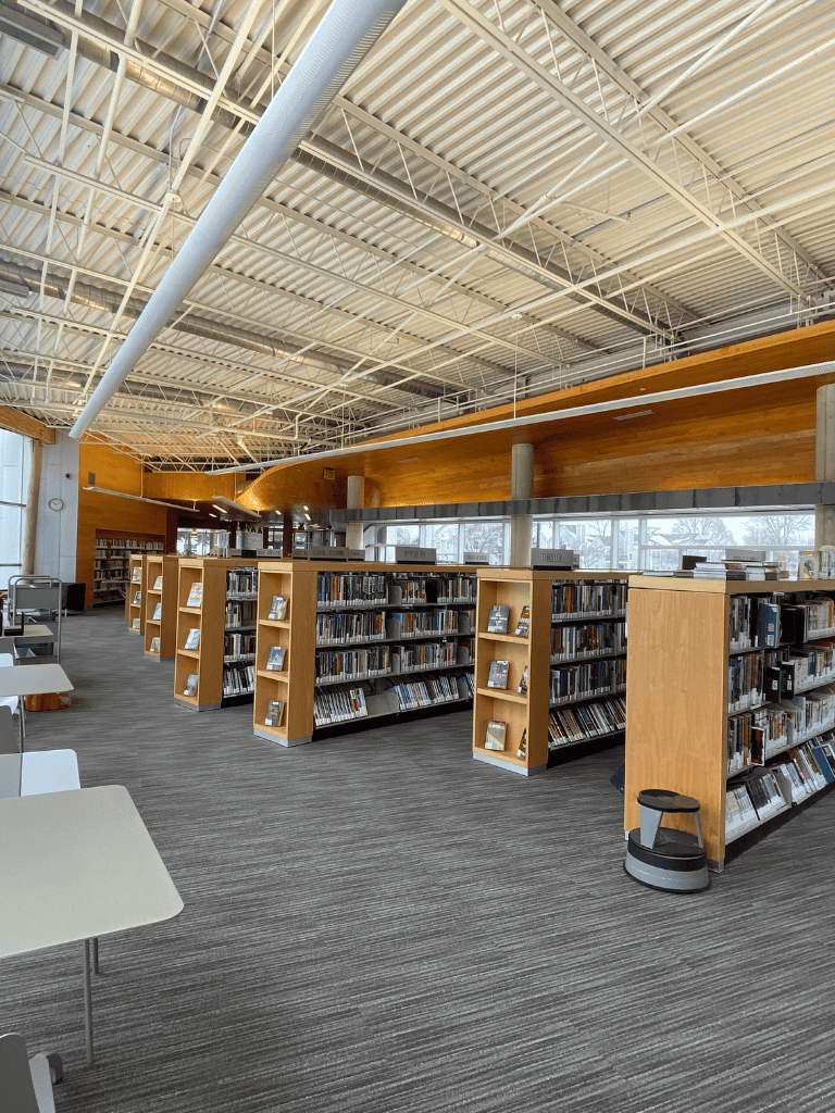 Quiet modern library interior with bookshelves, natural light, and spacious reading area.