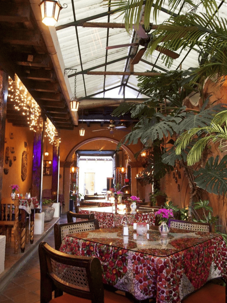 Cozy indoor restaurant with vibrant floral tablecloths and lush greenery, perfect for intimate dining.