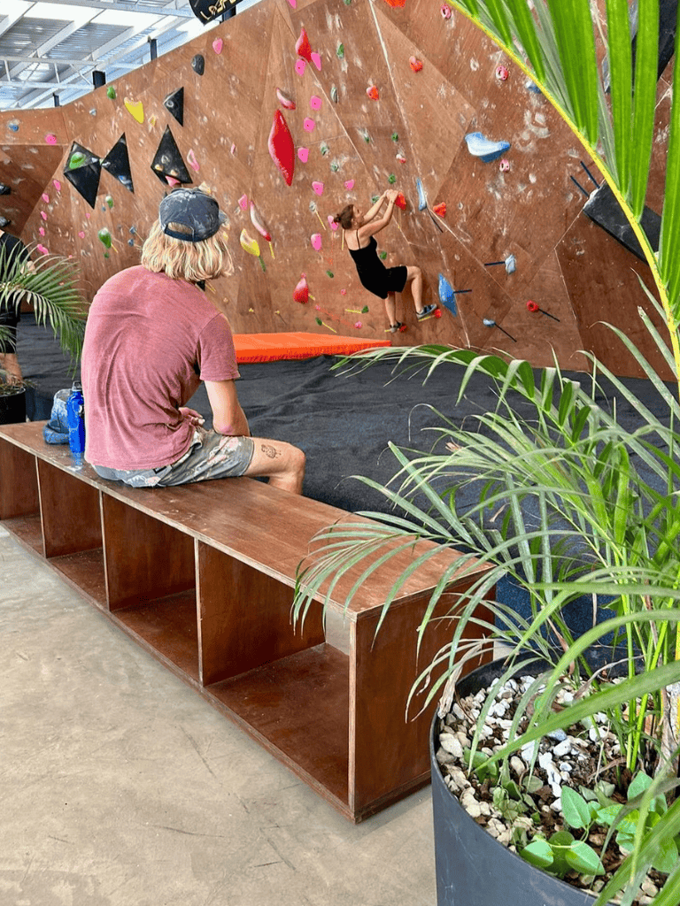 Indoor rock climbing gym with a woman climbing on a colorful wall, person relaxing on wooden bench, lush green plants, and modern facility.