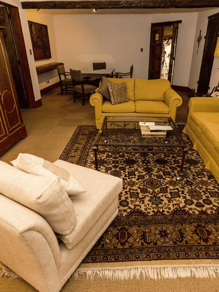 Cozy living room with vintage furniture and elegant decor, ideal for relaxing or entertaining guests.