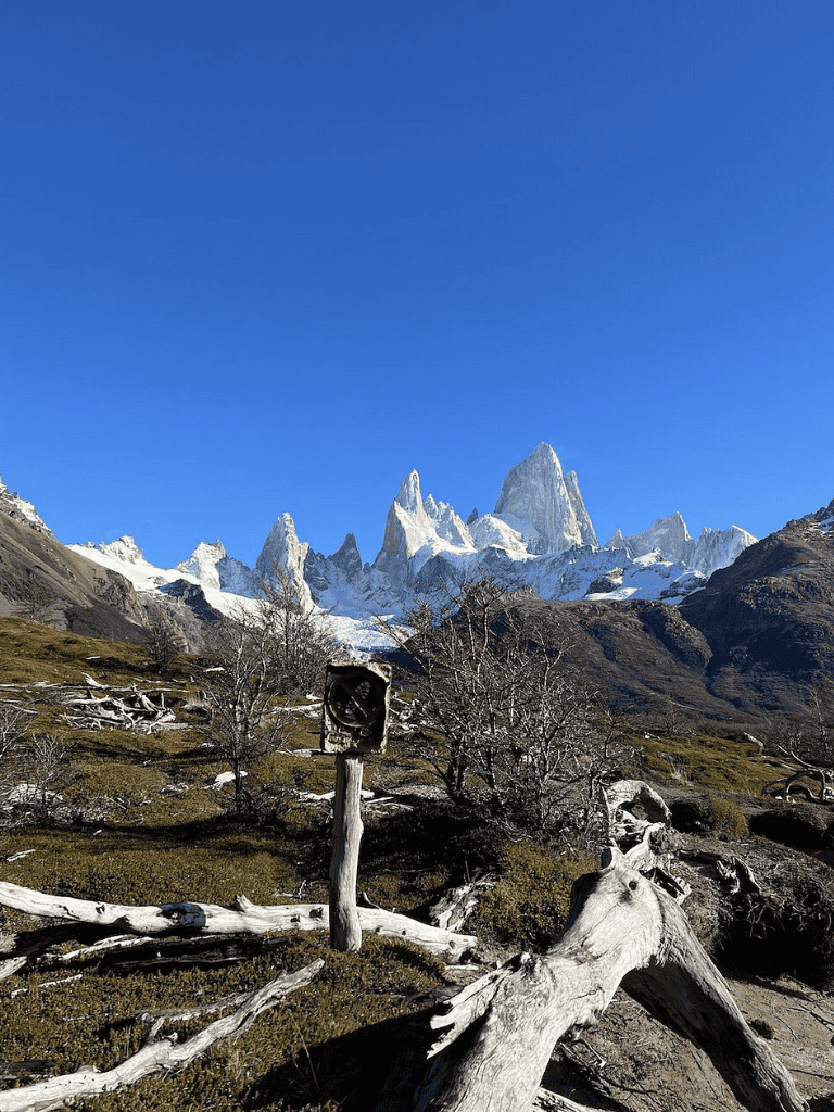 Snow-capped mountain peaks with clear blue sky in Torres del Paine National Park, Patagonia, Chile.