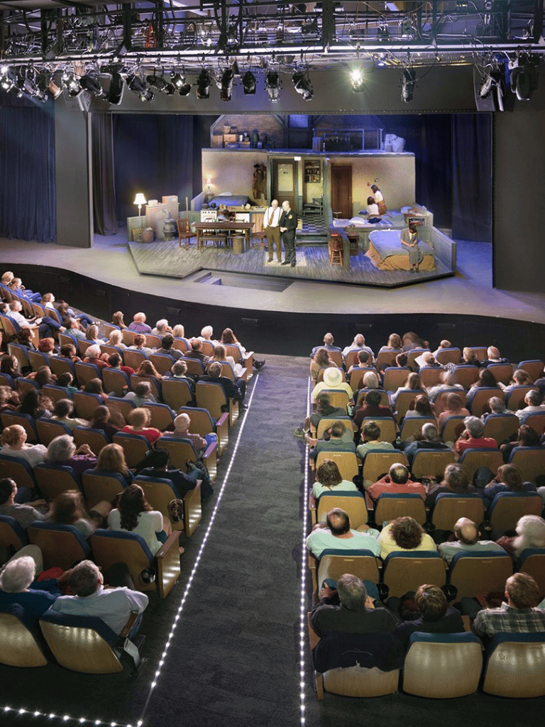 Empty theater stage with actors performing and audience watching, showcasing theatrical productions.