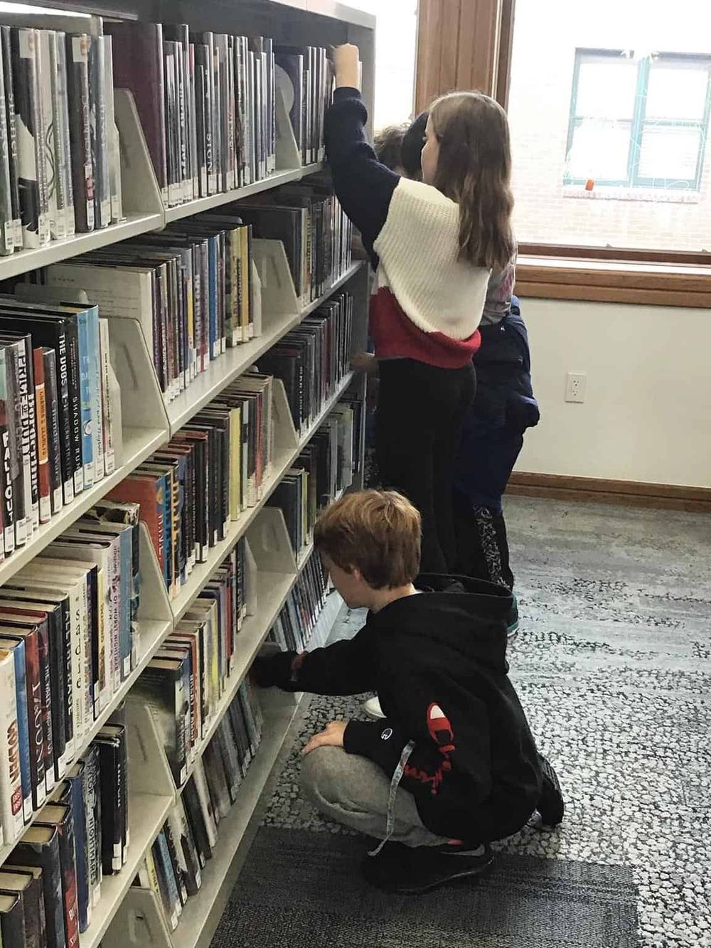 Kids exploring books at library for educational resources and learning.