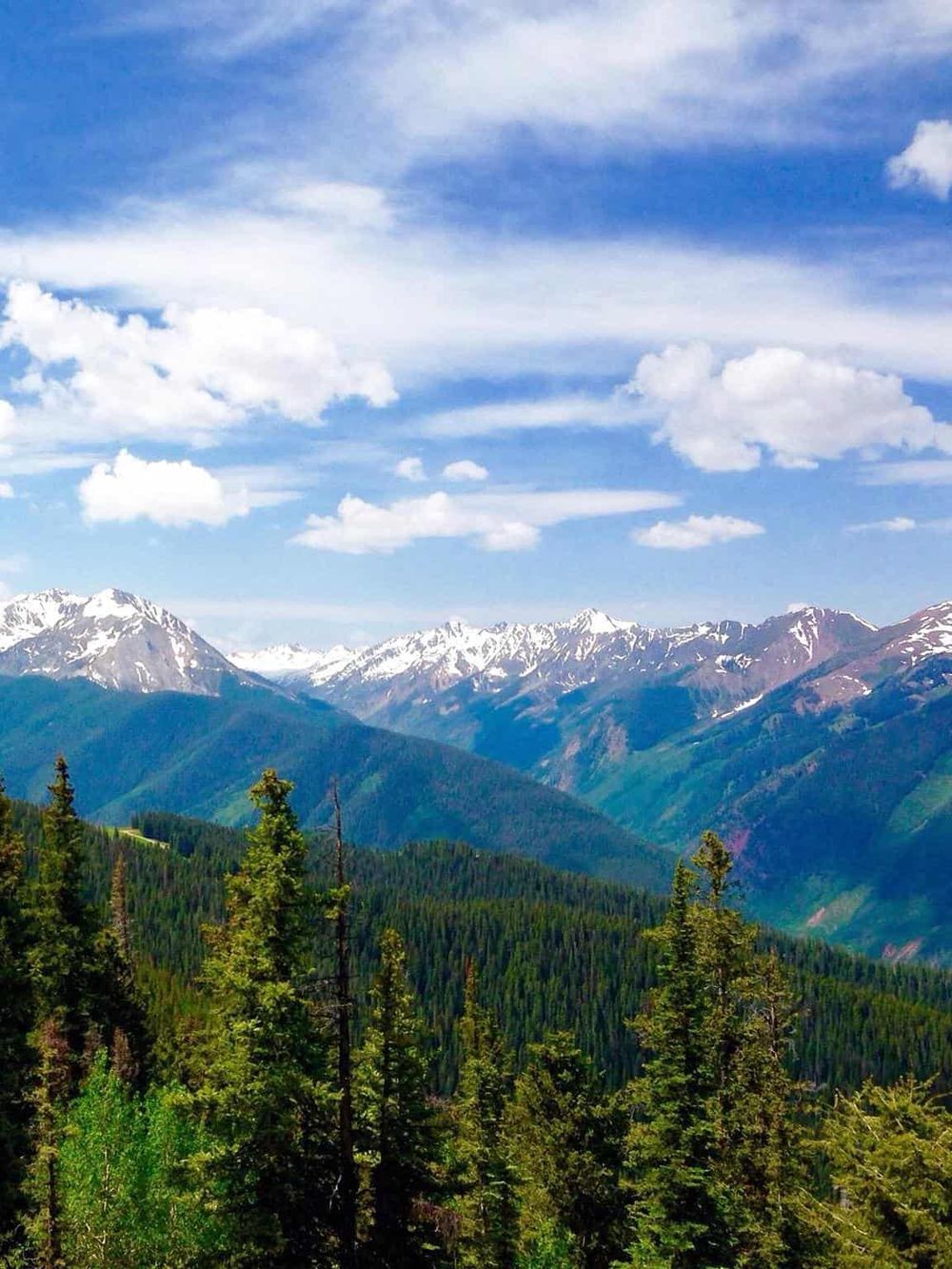 Vast mountain landscape with snow-capped peaks and lush green forests, scenic outdoor destination.
