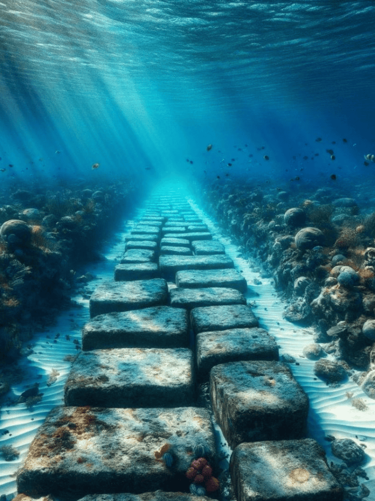 Underwater stone pathway illuminated by sunlight, surrounded by coral reefs and marine life.