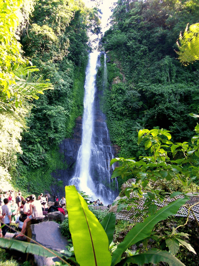 Waterfall in lush jungle with visitors, tropical greenery, and misty cascade, scenic nature attraction.