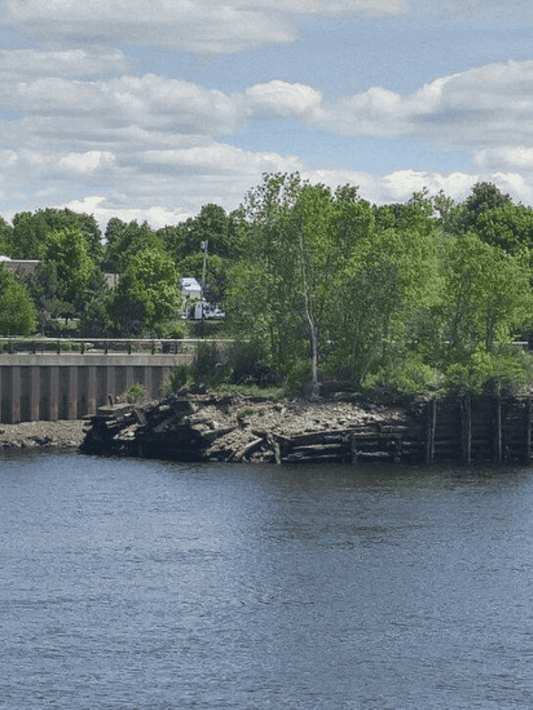Tranquil river shoreline with lush green trees and rocky banks, ideal for outdoor exploration and nature walks.