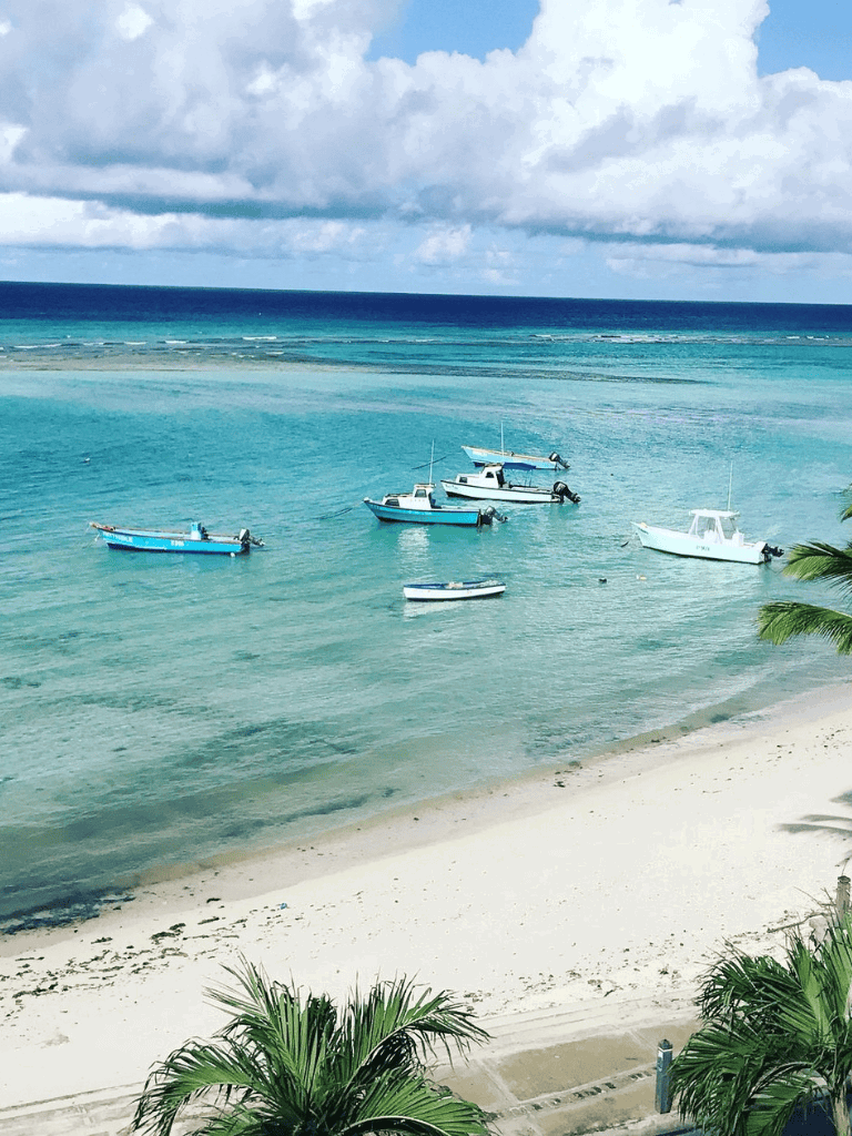Boats anchored on tropical beach with clear blue waters and palm trees.