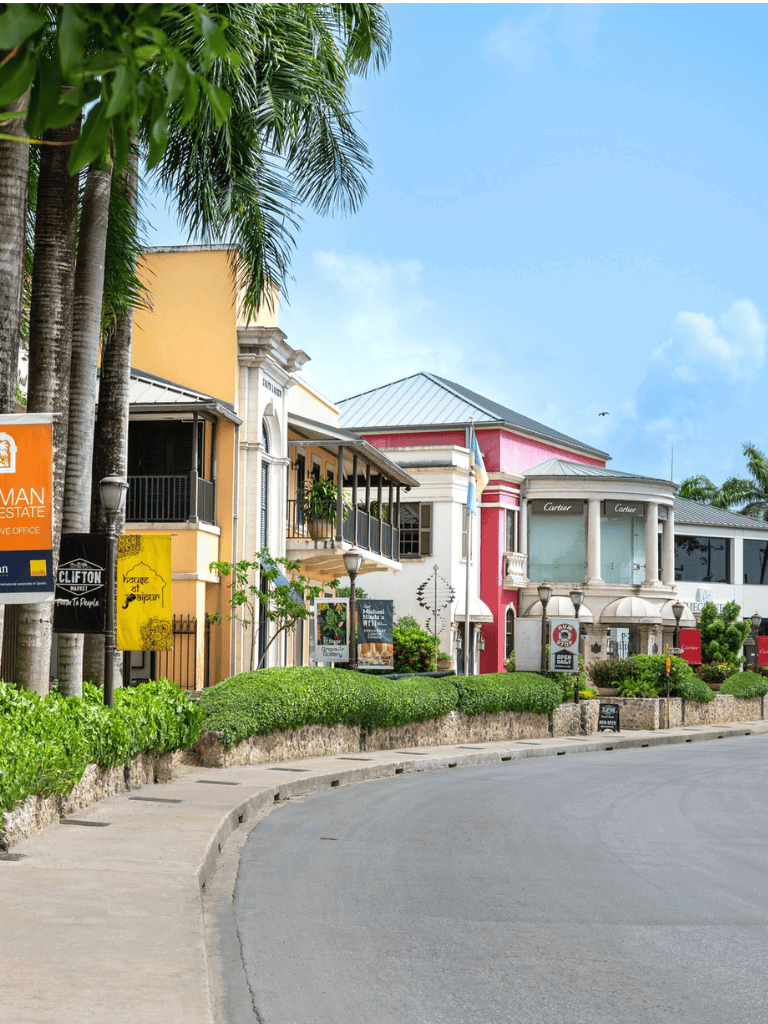 Charming storefronts on a lively street in a tropical town, perfect for local shopping and dining experiences.