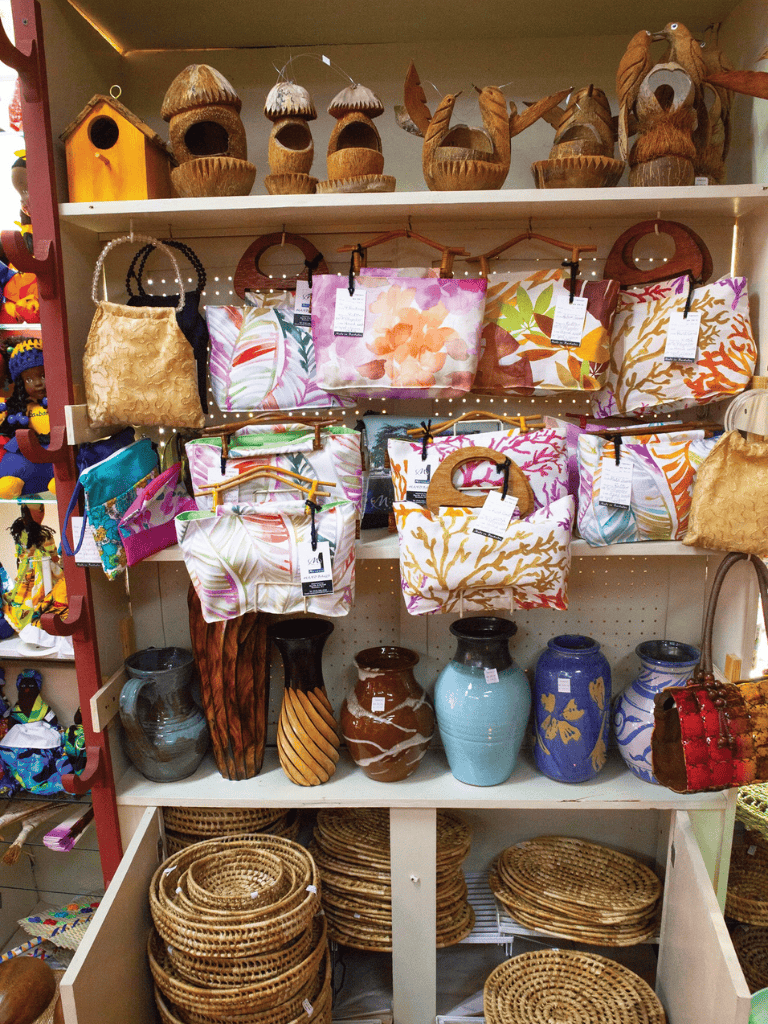 Colorful tropical-themed bags and pottery displayed on a shelf at QuestForDirections store.