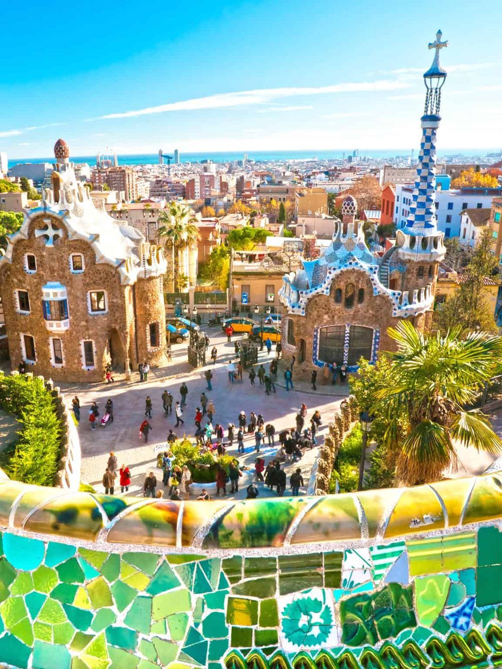 Colorful Park Güell, iconic architectural masterpiece in Barcelona, Spain with panoramic city views.