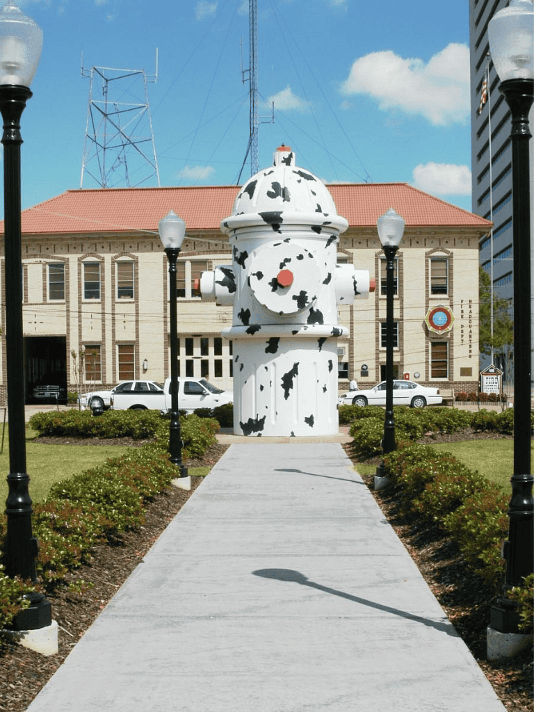 Colorful fire hydrant sculpture downtown Dallas.