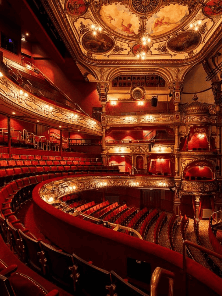 Elegant historic theater interior with ornate gold accents and plush red seating.
