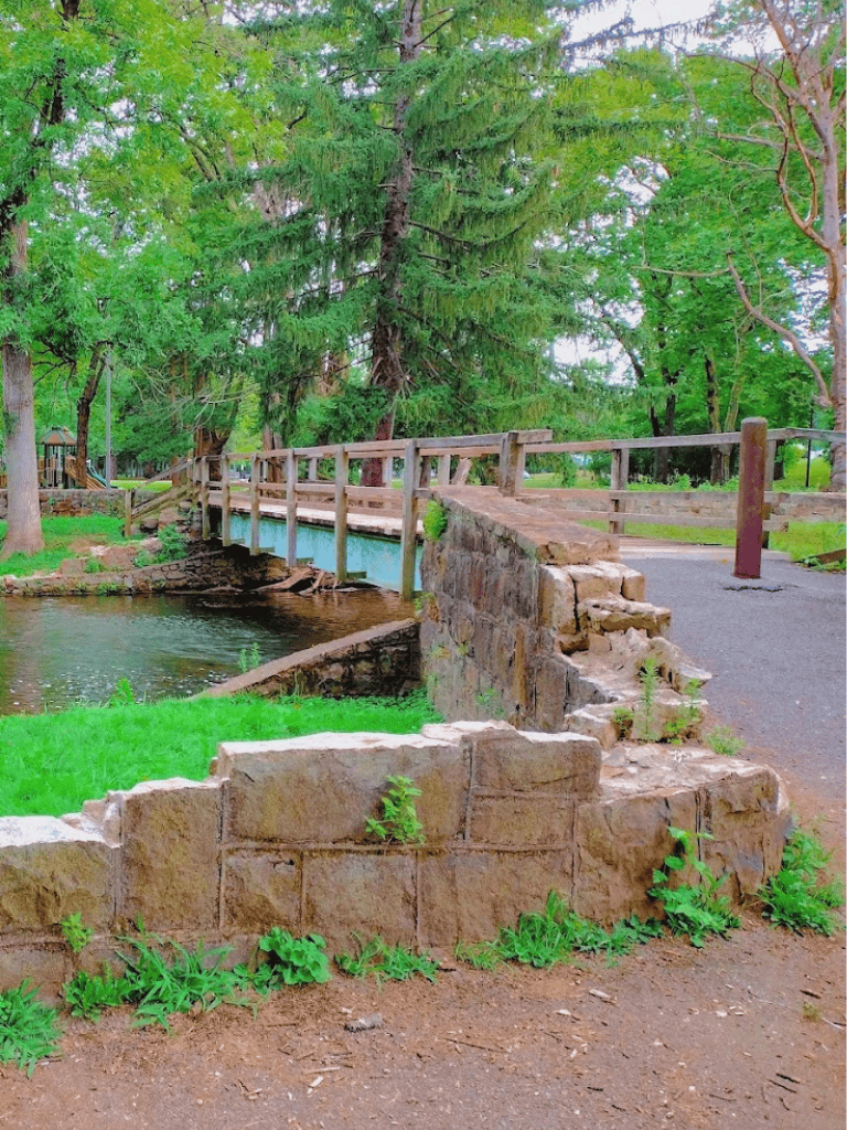 Tranquil park scene with a charming wooden bridge over a creek, surrounded by lush green trees and vibrant landscape.