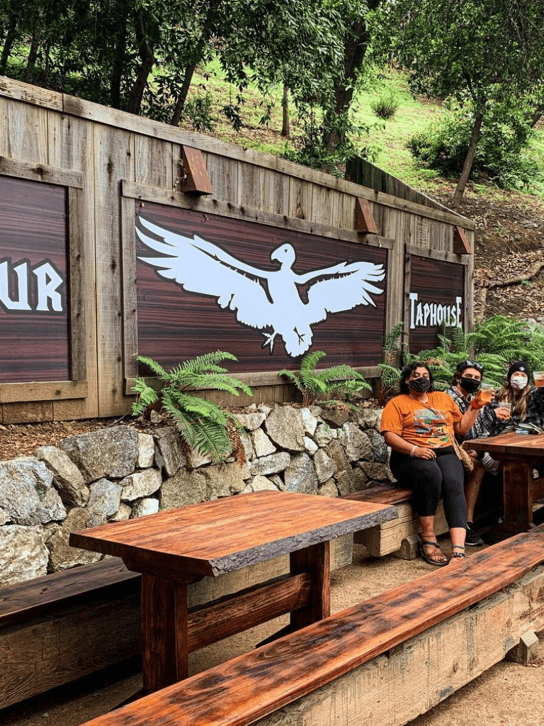 Great meal at Quest for Directions Tap House with friends on a cozy outdoor patio. Enjoy wood benches, nature views, and American craft beers.