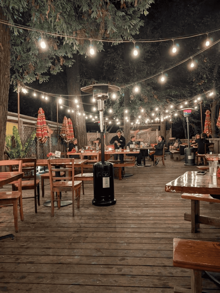 Cozy outdoor dining area with string lights, heaters, and wooden tables at night.