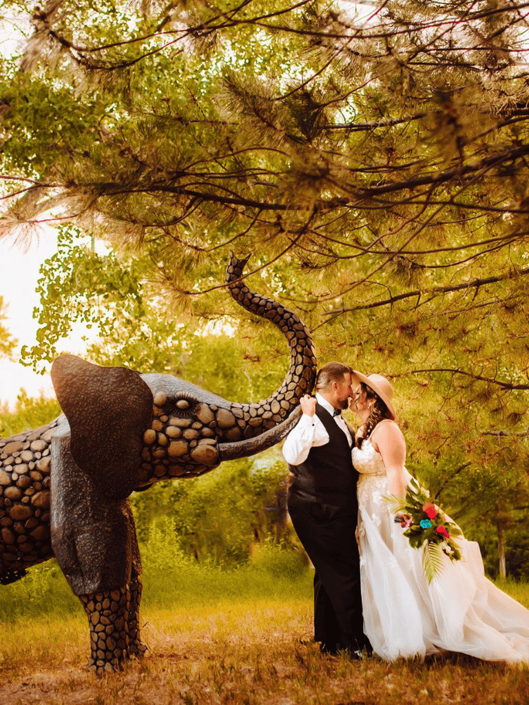 Whimsical wedding photo with couple and elephant in nature, highlighting quest for directions and travel adventures.