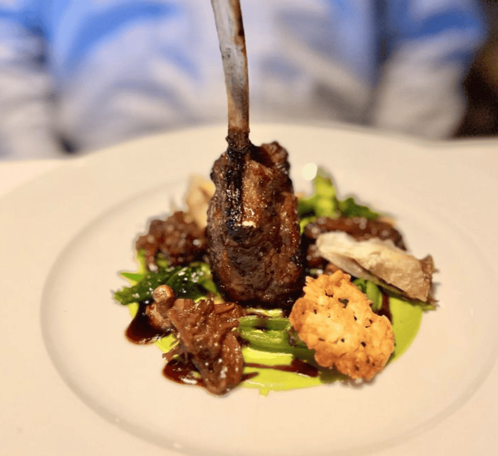 Succulent lamb chop with gourmet side dishes on a white plate, perfect for food lovers.