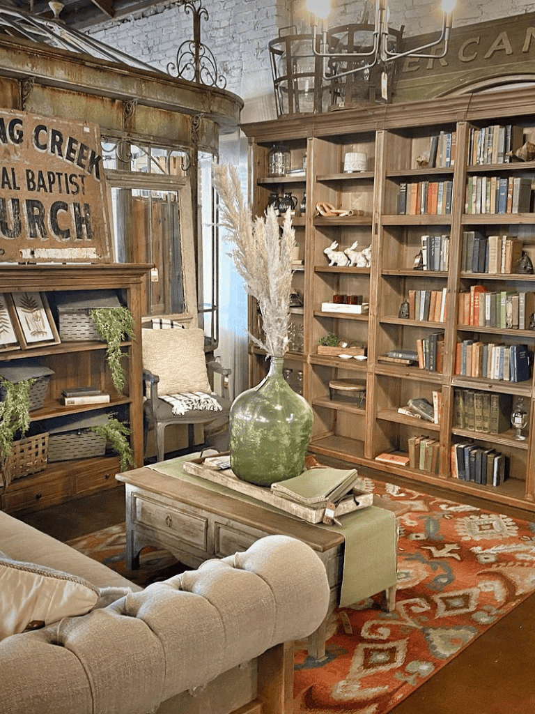 Vintage rustic cozy living room with wooden bookshelves and antique decor.